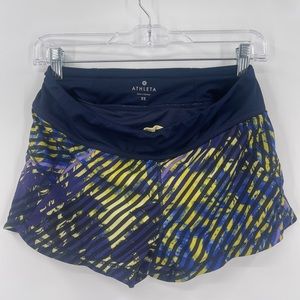 Athleta Pulse Running Shorts XS Blue Yellow Security Pocket Inner Brief Women's